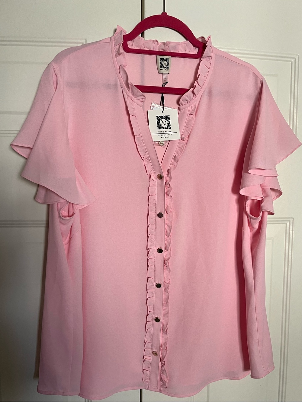 Anne Klein 2X Pink Ruffle Down Short Sleeve Blouse